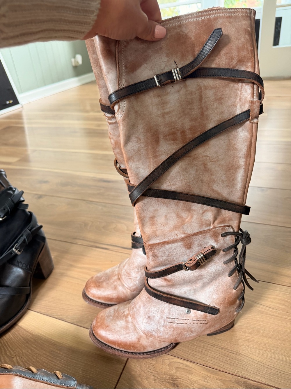 Womens Distressed Tan Leather Knee-High Boots with Strap Detail
